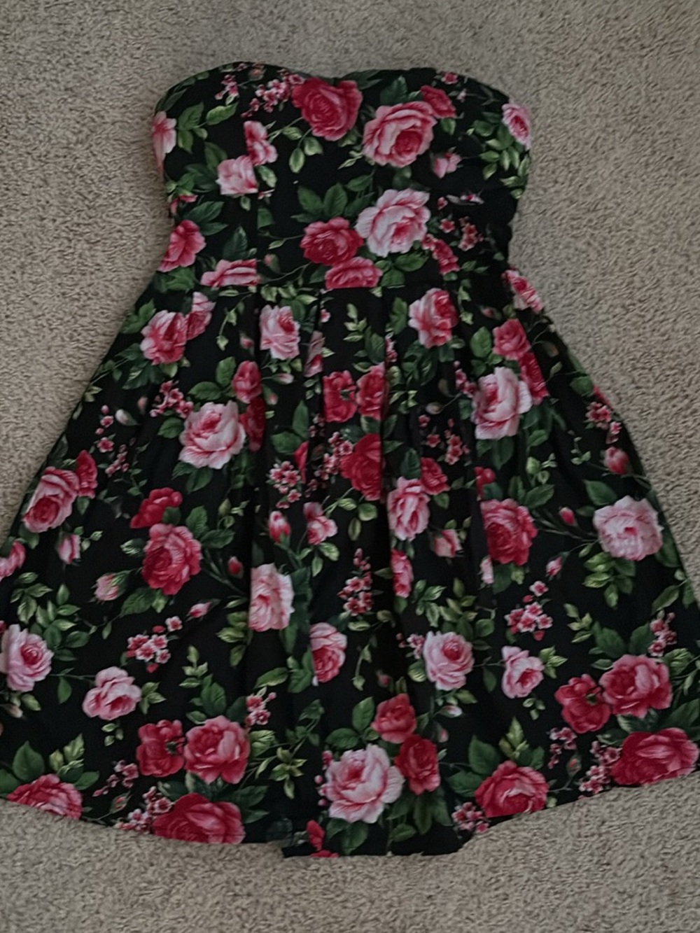 Ardene Black Strapless Dress with Pink & Red Rose Print